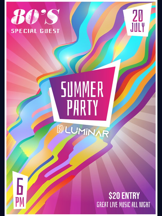 Event poster for 80s Special Guest Summer Party on 20 July at 6pm. $20 entry. Caption: Great live music all night.