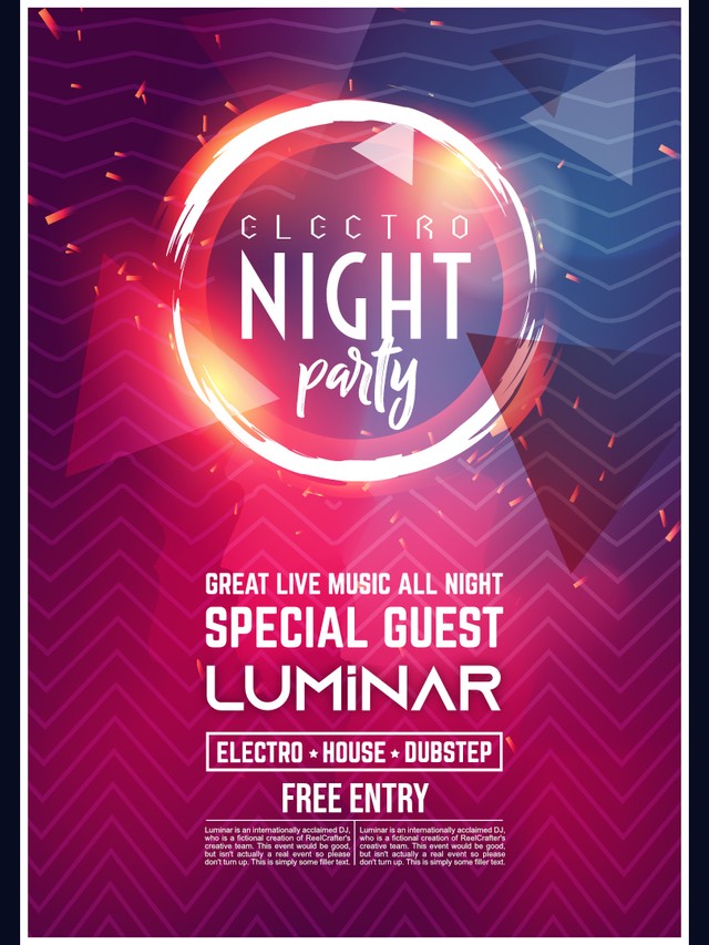 Poster for Electro Night featuring DJ Luminar. Electro, House & Dubstep. Free entry. Caption: Great live music all night