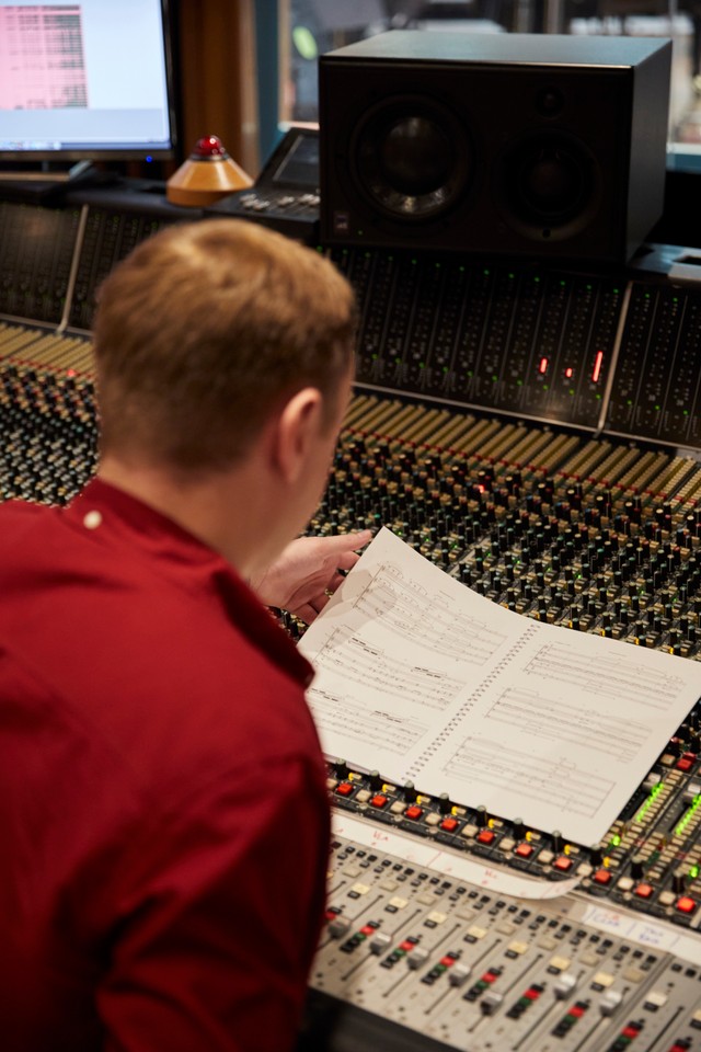Chris turning the score page at Air Studios, Lyndhurst Hall